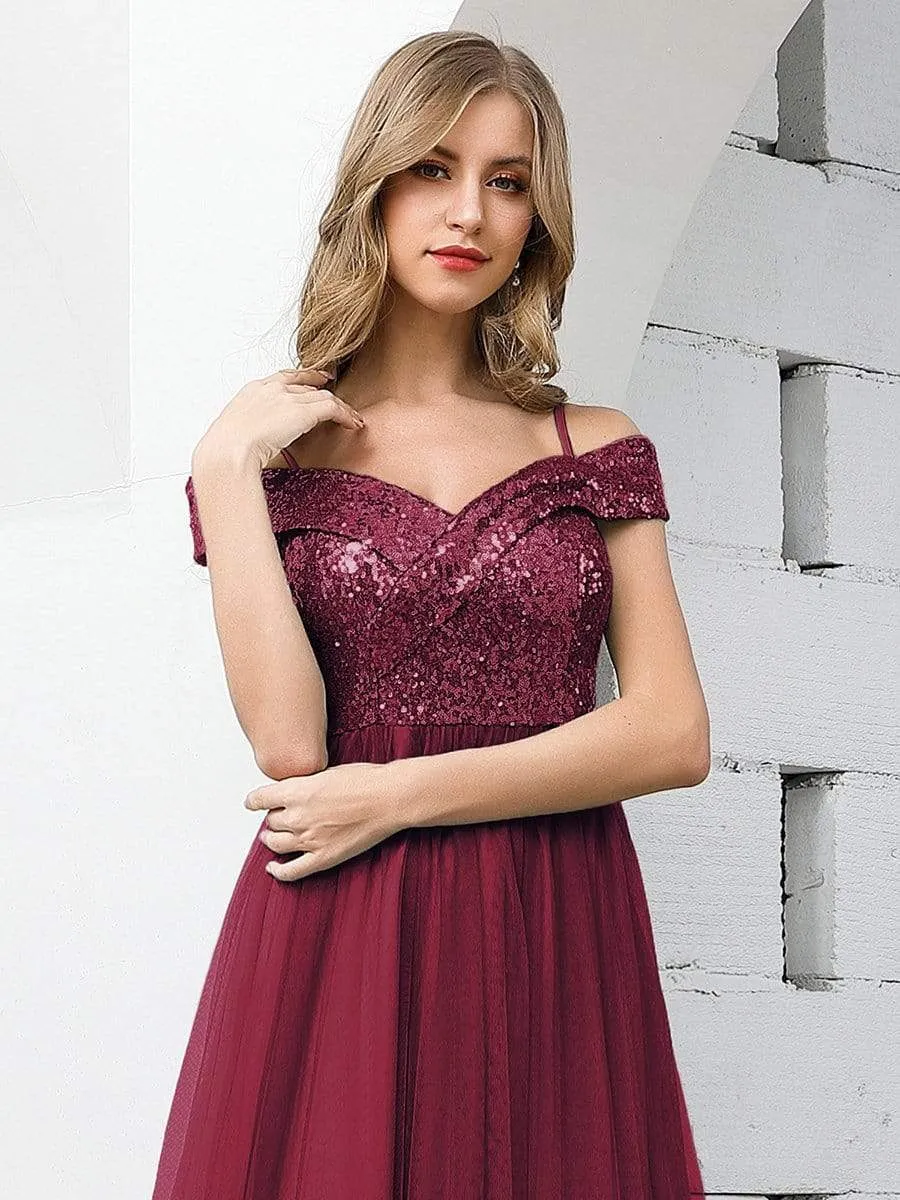 Romantic Off Shoulder Tulle and Sequin Bridesmaid Dress with Strap