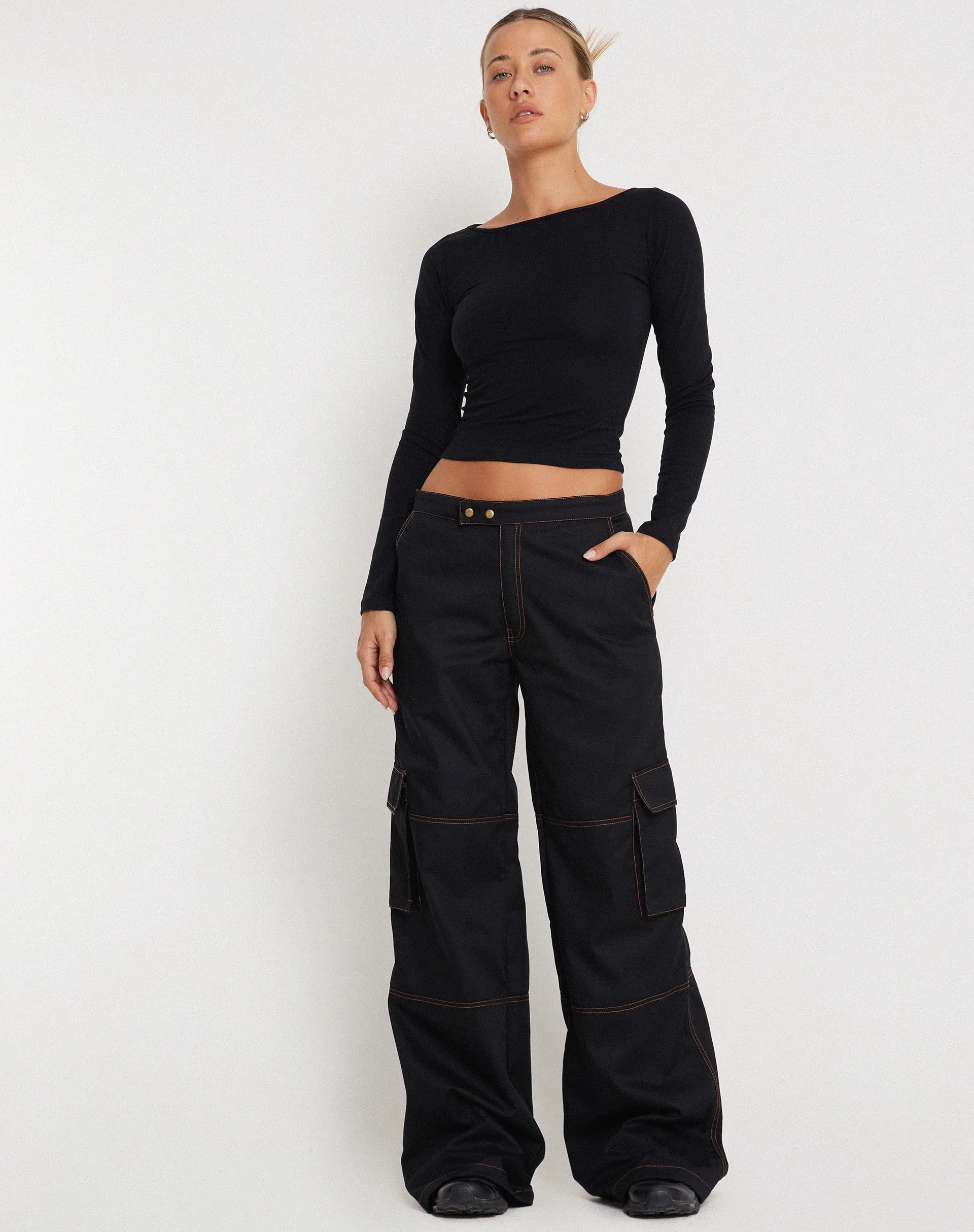 Saul Wide Leg Cargo Trouser in Black with Orange Stitching