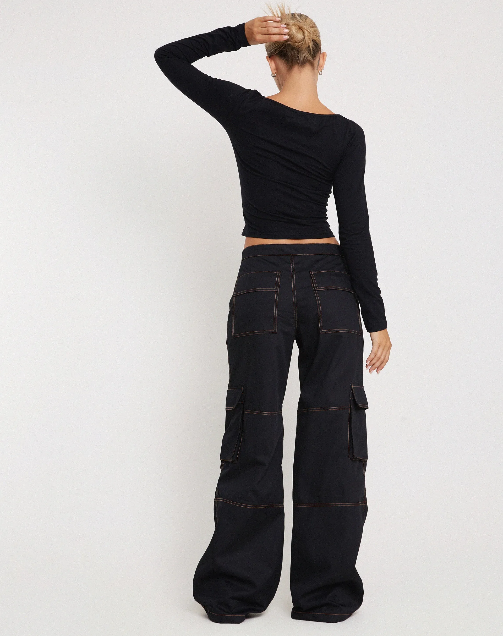 Saul Wide Leg Cargo Trouser in Black with Orange Stitching