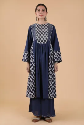 Set Of 2:Ramya Indigo Buta Printed Panelled Gathered Kurta & Palazzo Pants