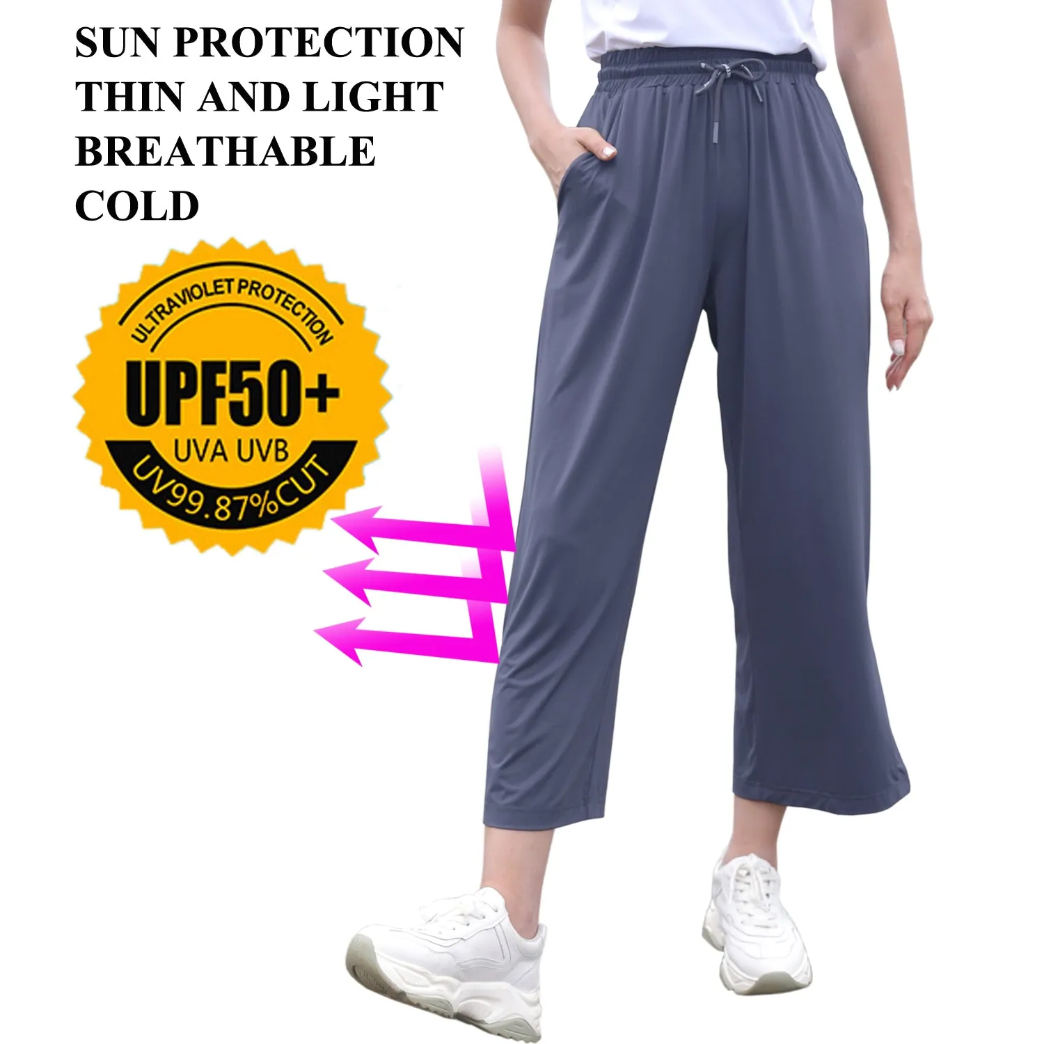 Sidiou Group Anniou UPF50  UV Protection Wide Leg Cropped Trousers Women Summer Quick Dry Pants Lightweight Loose Elastic Ice Silk Wide Leg Pants