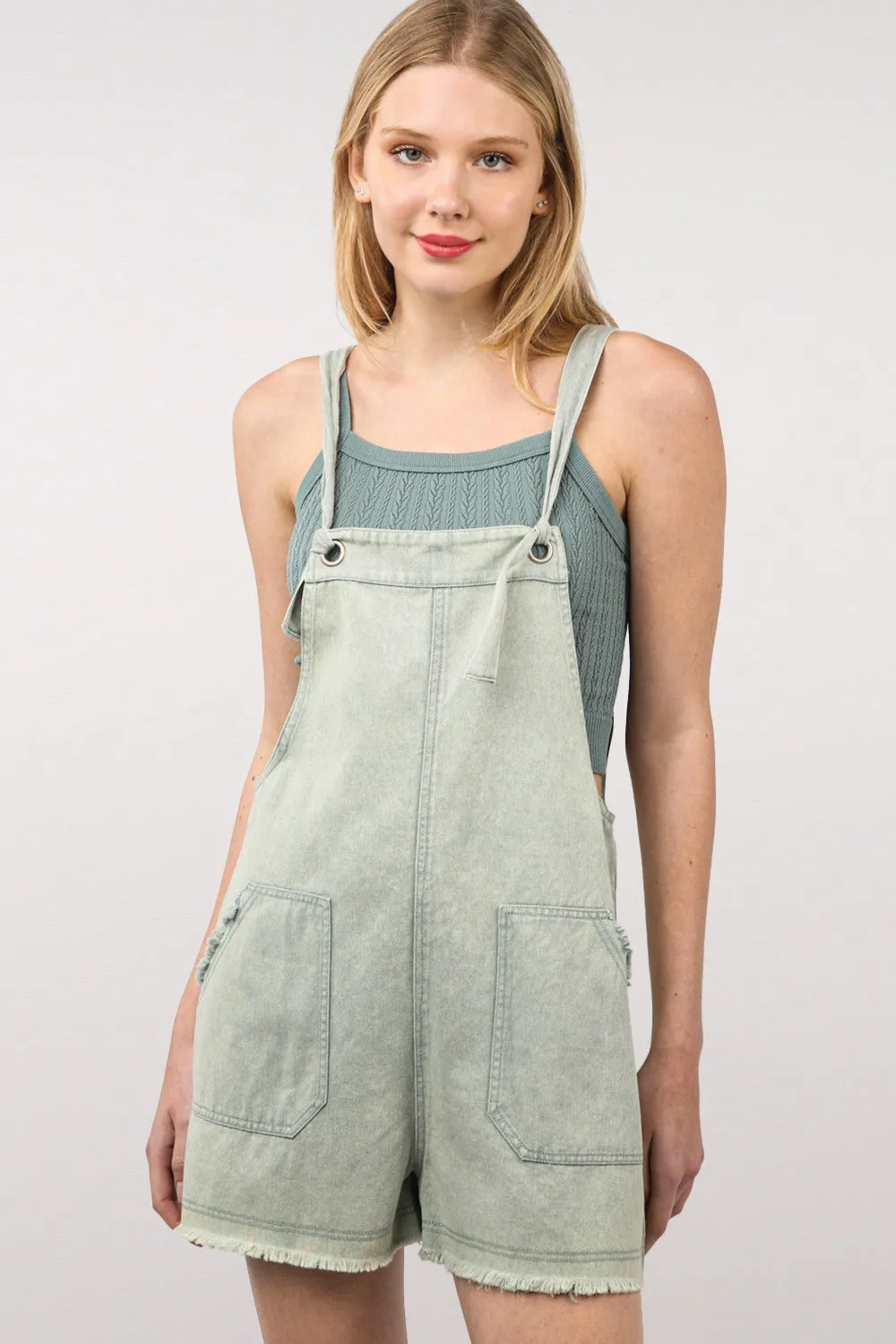 Washed Frayed Hem Denim Overall