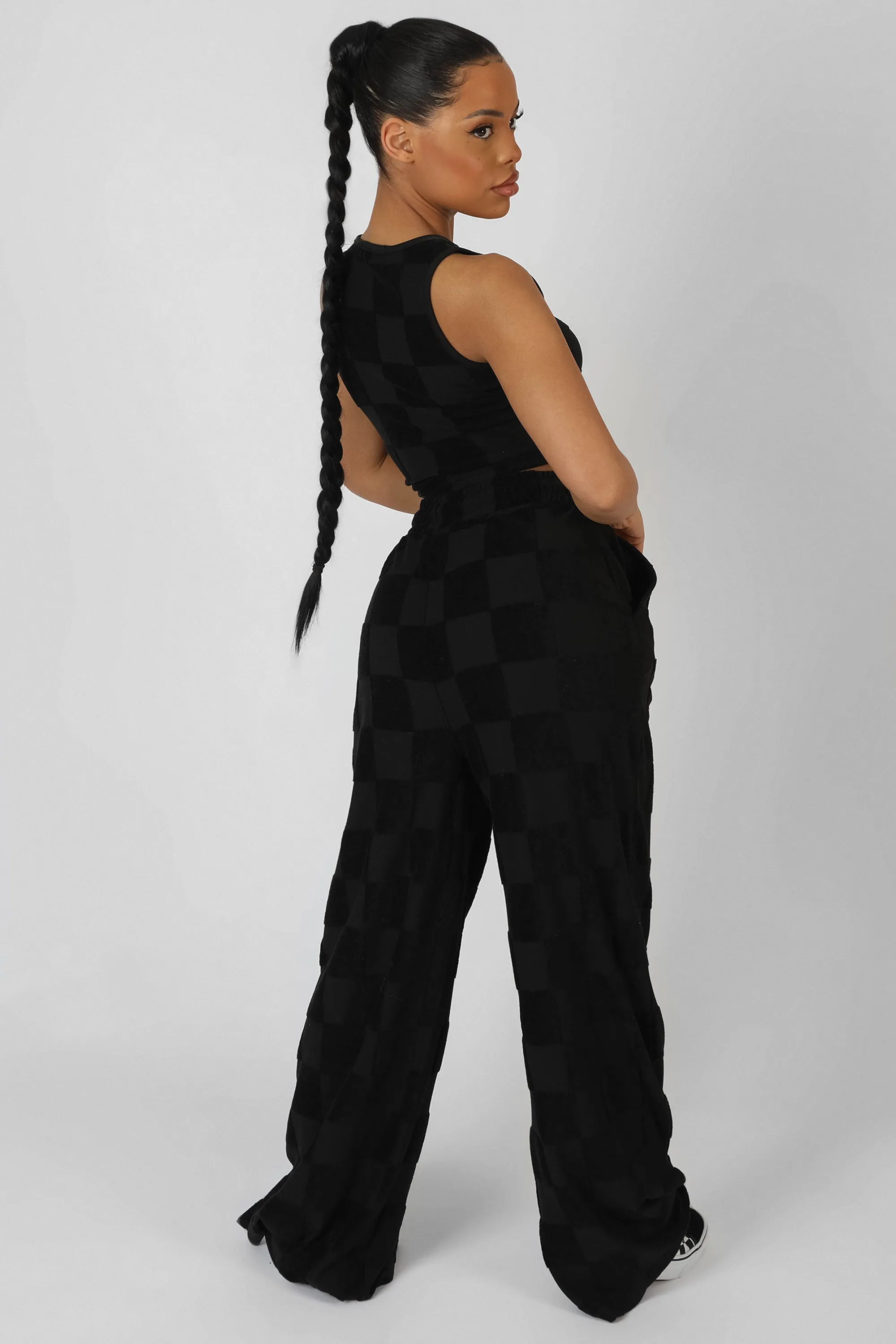 Wide Leg Split Hem Checkerboard Towelling Joggers Black