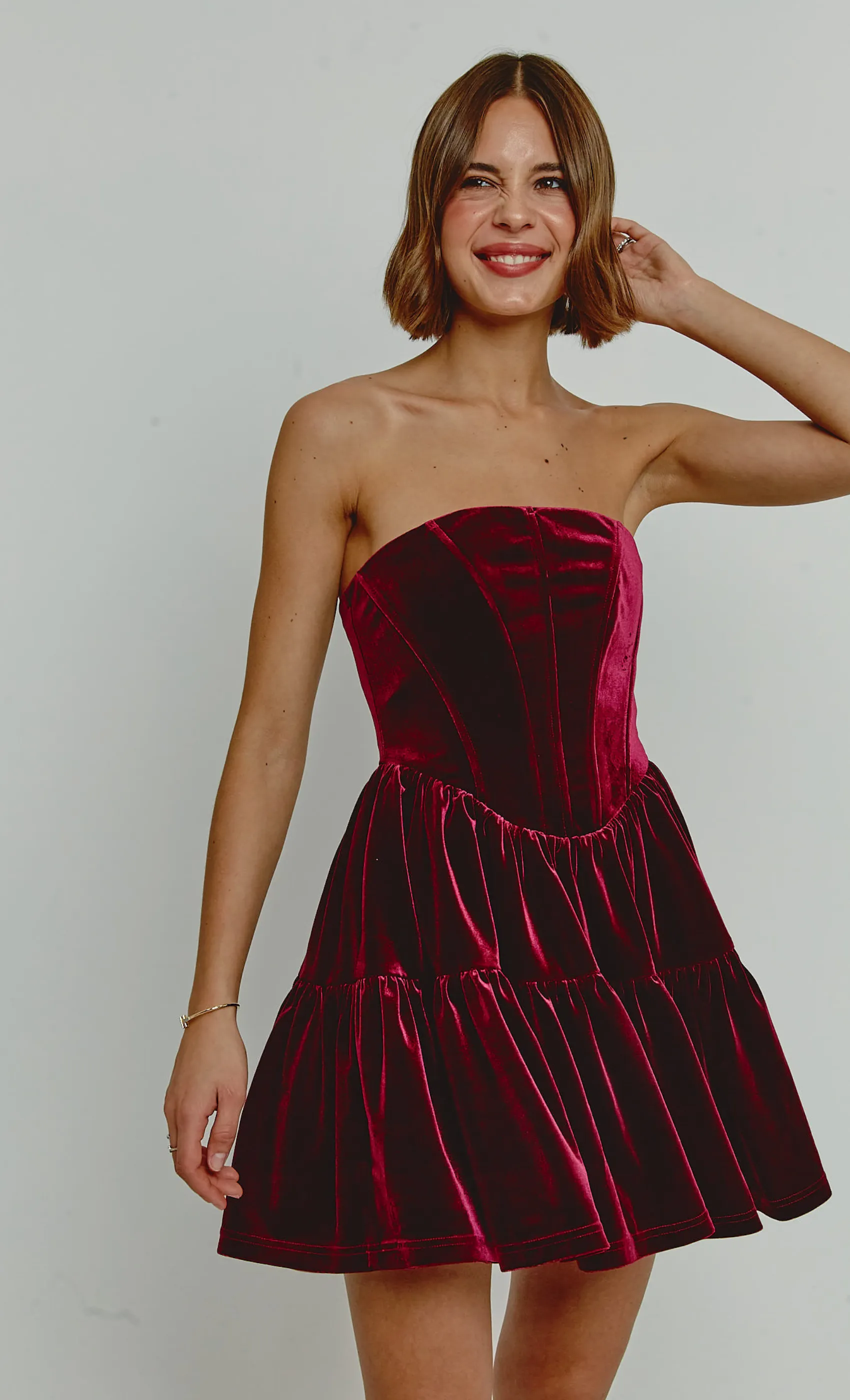 Wine Velvet Bandeau Mini Dress With Bows