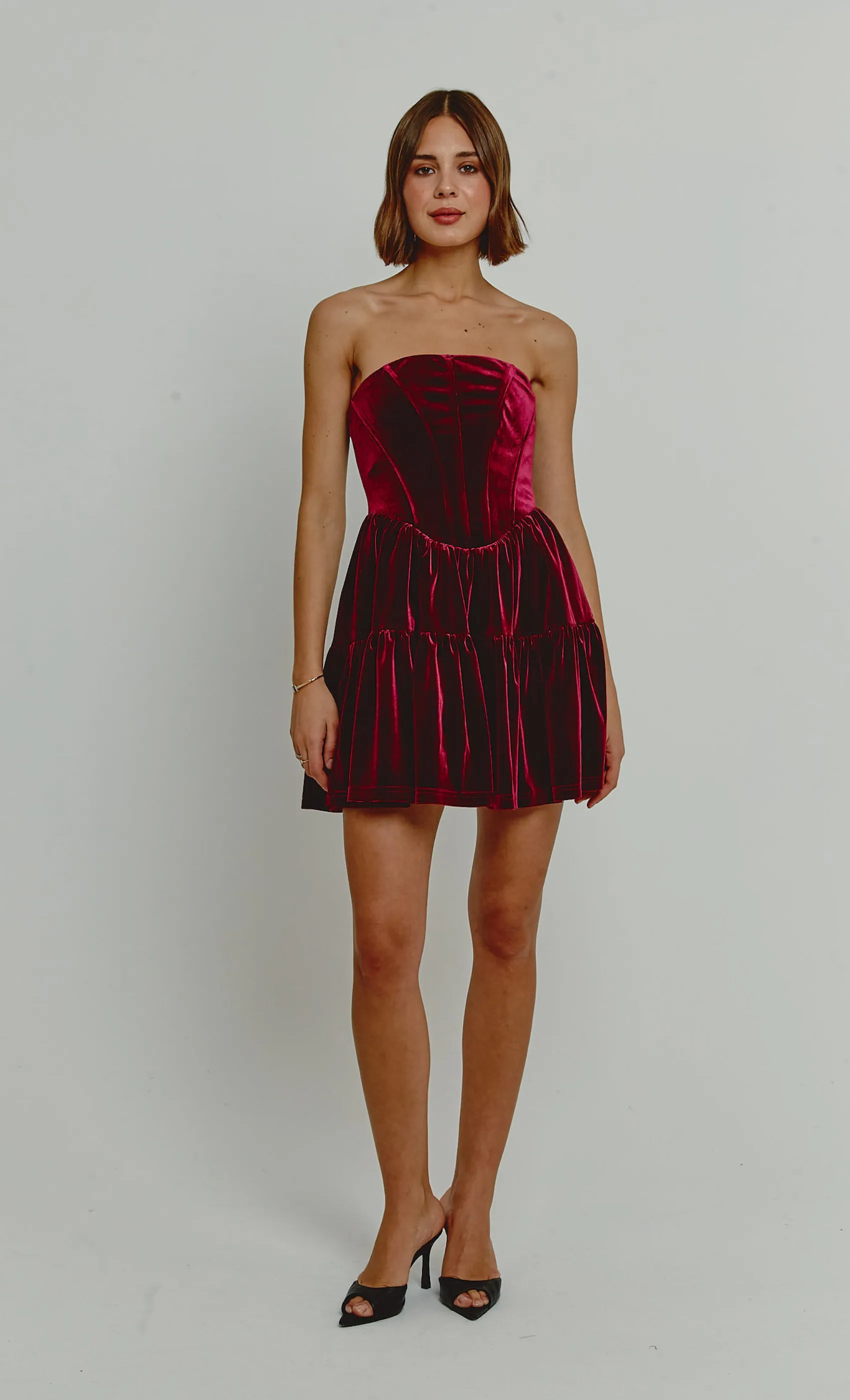 Wine Velvet Bandeau Mini Dress With Bows