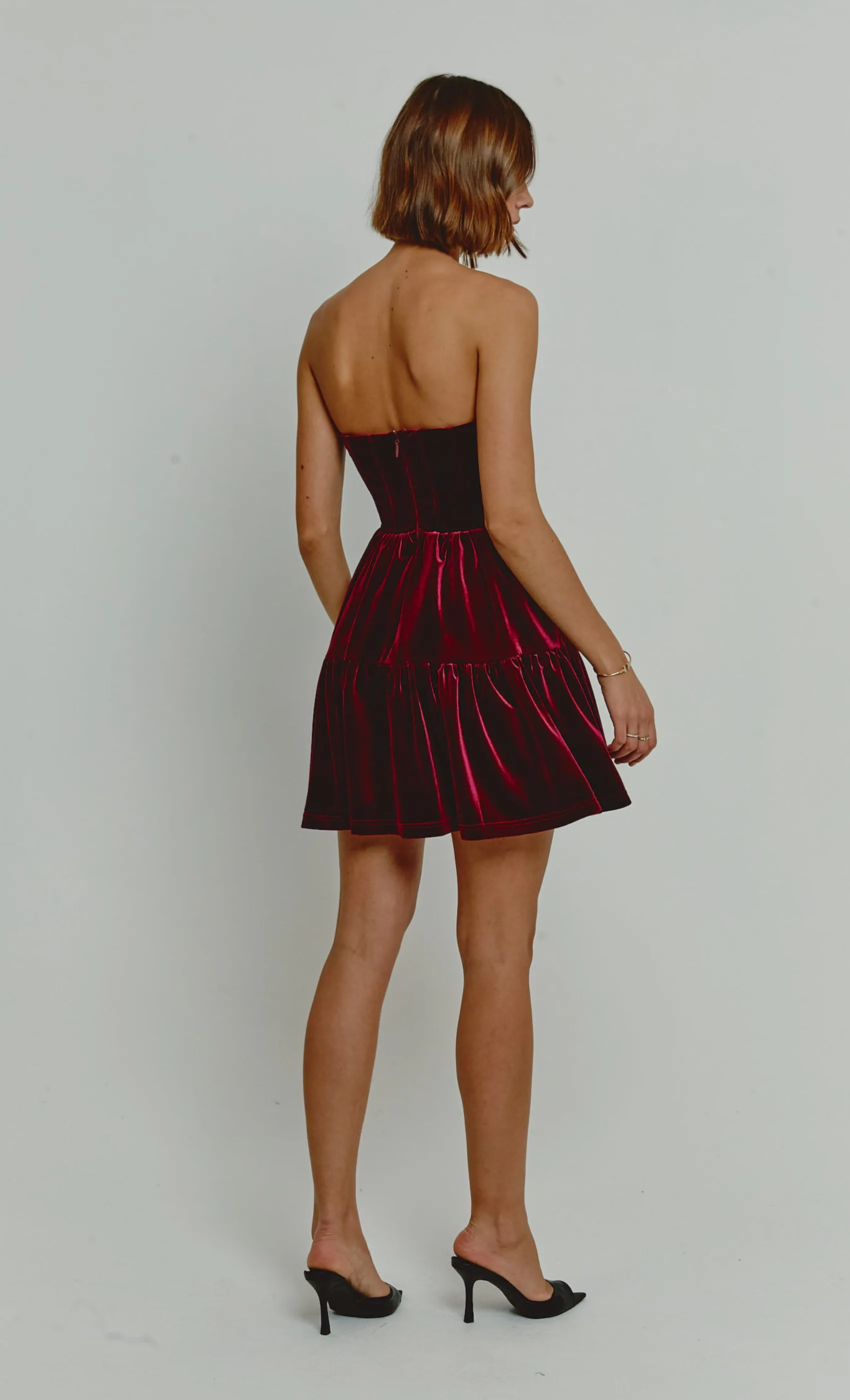 Wine Velvet Bandeau Mini Dress With Bows