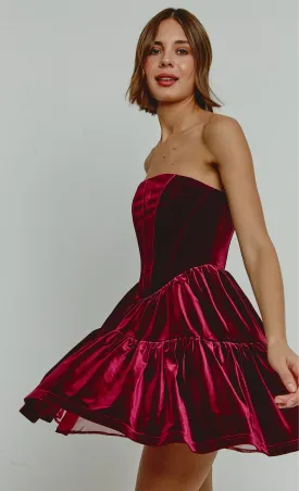 Wine Velvet Bandeau Mini Dress With Bows